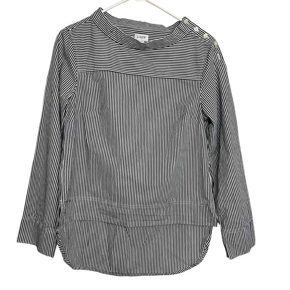 J. Crew Top Womens Back White Striped Funnelneck Cotton Poplin Hilow Lagenlook 2